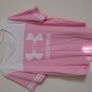 Under Armour Women's Sportstyle Logo Baseball Tee- Pink/White- Size XL